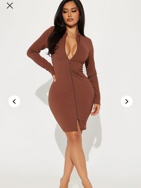 Long-Sleeve Zip-Front Brown Bodycon Dress